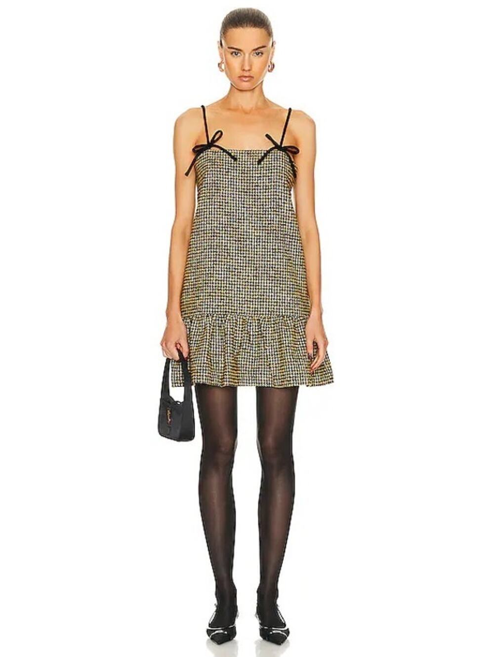 Ganni Wool Houndstooth Check Tweed Ruffle Hem Drop Waist Bow Mini Dress US 2